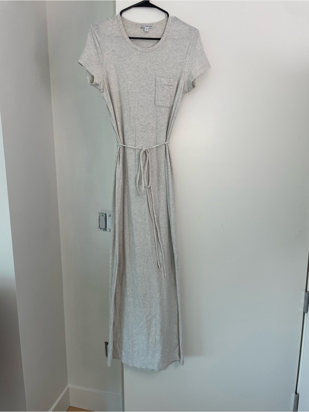 Standard James Perse Light Grey Heather T-Shirt Maxi Dress, tie belt, side slit